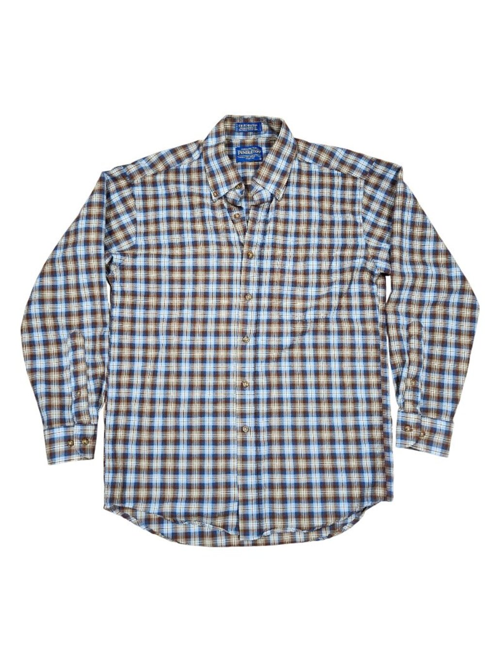 Sir Pendleton Mens Brown Blue Long Sleeve Plaid Button-Up Shirt Wool Medium